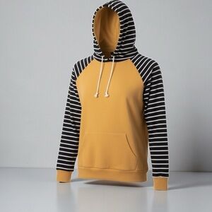 Ampersand Ave DoubleHood Hoodie | Mustard Yellow & Black Striped Sleeve Pullover